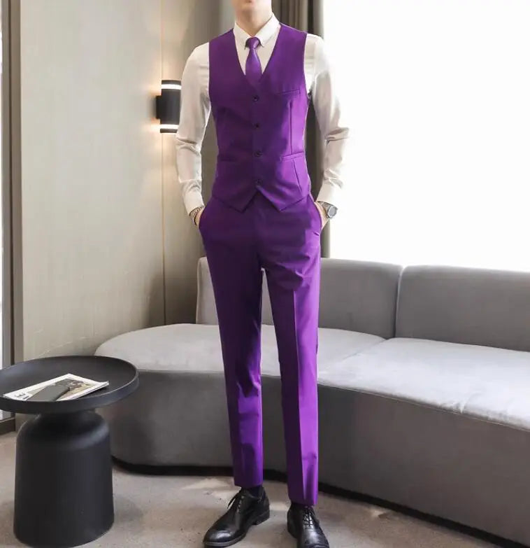 2026 Men's Bright Red V-Neck Sleeveless Vest with Pants, Green Gray Black White Purple Waistcoat and Trousers Asian Size Sets