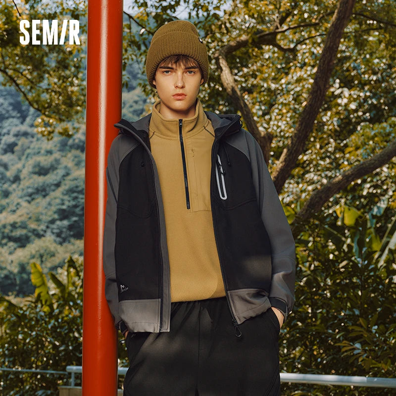 Semir Jacket Men Winter Fleece Lined Loose Hooded Outerwear 2025 New Outdoor Cycling Color Block Top Fashion Trendy