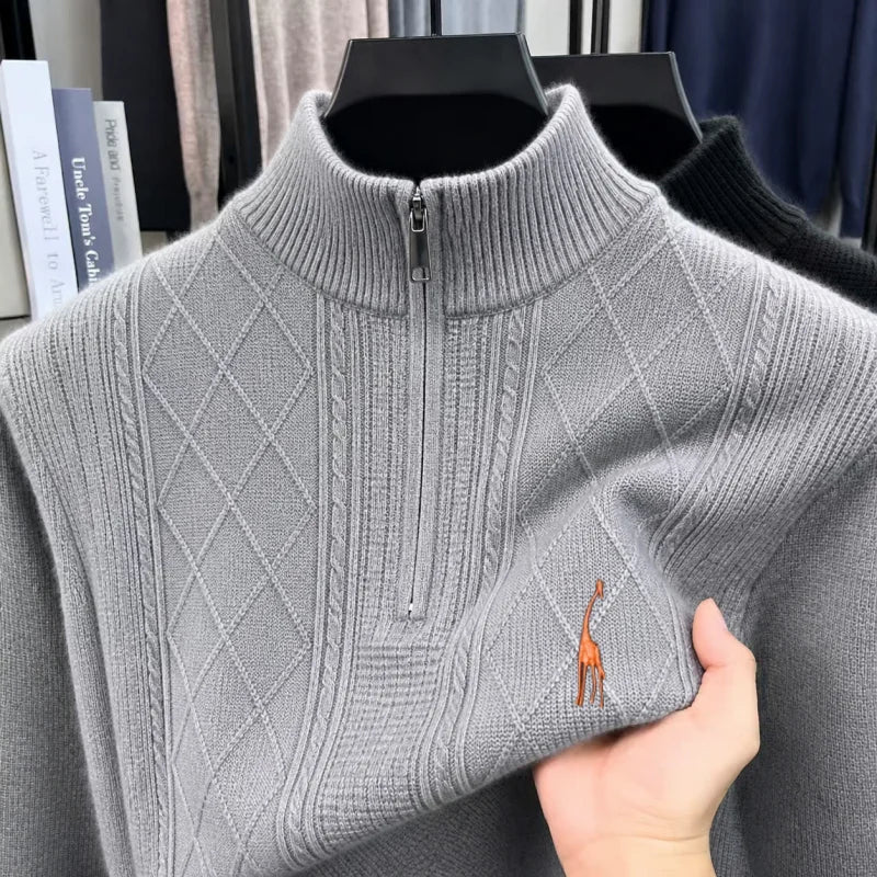 Designer Style Men's Long-Sleeved Knitwear Mock Neck Zipper Giraffe Embroidery Autumn Winter New Pullover Leisure Men's Clothing