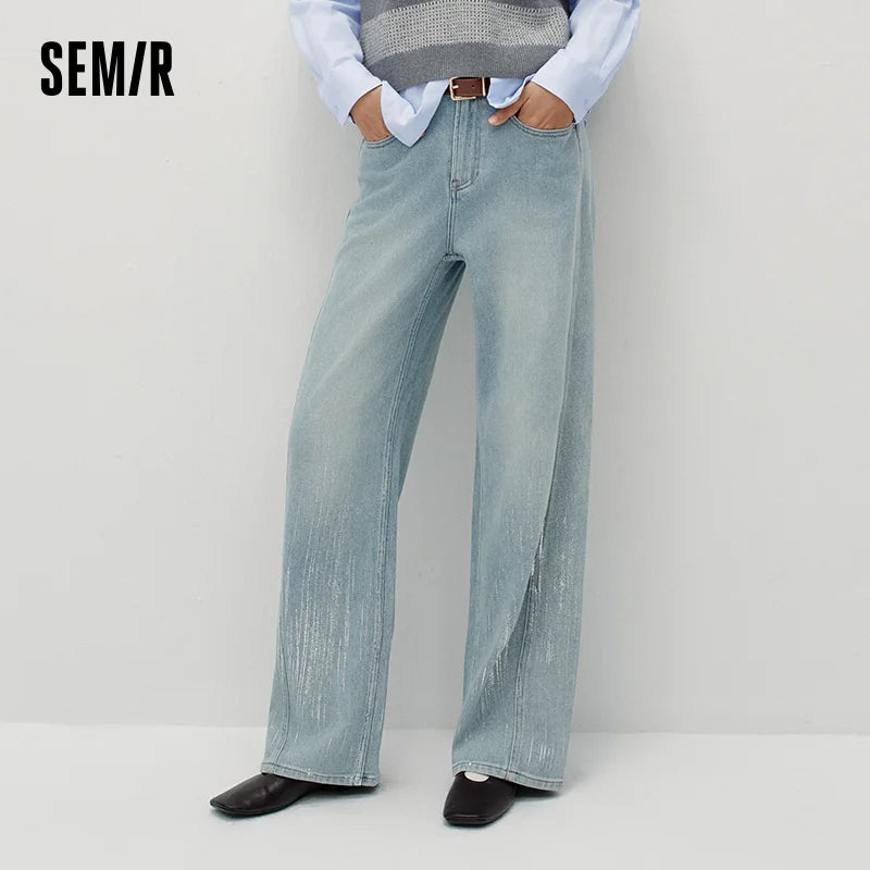 Semir Women Jeans Slim Fit Wide Leg Solid Color Open Hem 2026 Winter Everyday Style Full Length Comfort Fit Denim Fabric