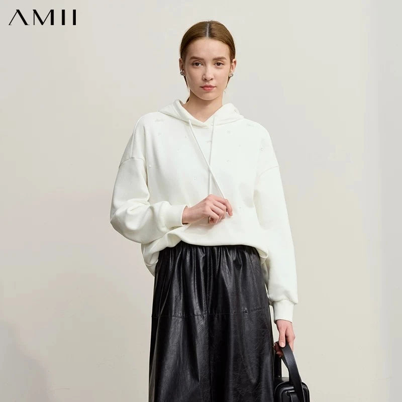 Amii Hooded Sweatshirts Woman 2026 Winter New Loose Elastic Warm Long Sleeve Top Pullover Knitting Women's Sweatshirt 12554052