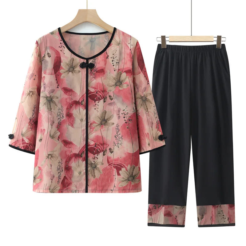 New Summer Women's Two-piece Set: A Chinese-style Mid-sleeve Blouse Paired with Elastic-waist Pants, Available in Blue,Green,Red