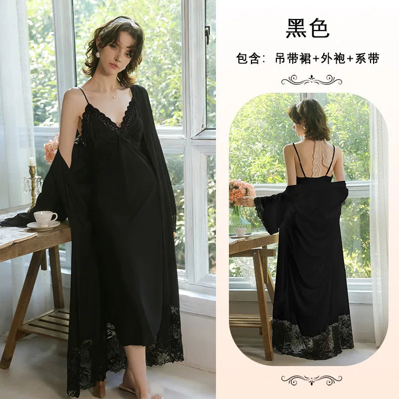 Fashion Satin Suspender Night Dress Sexy Lingerie Sleeping Set Sleepwear Women's Pajamas And Robes Nightwear For Woman Suit