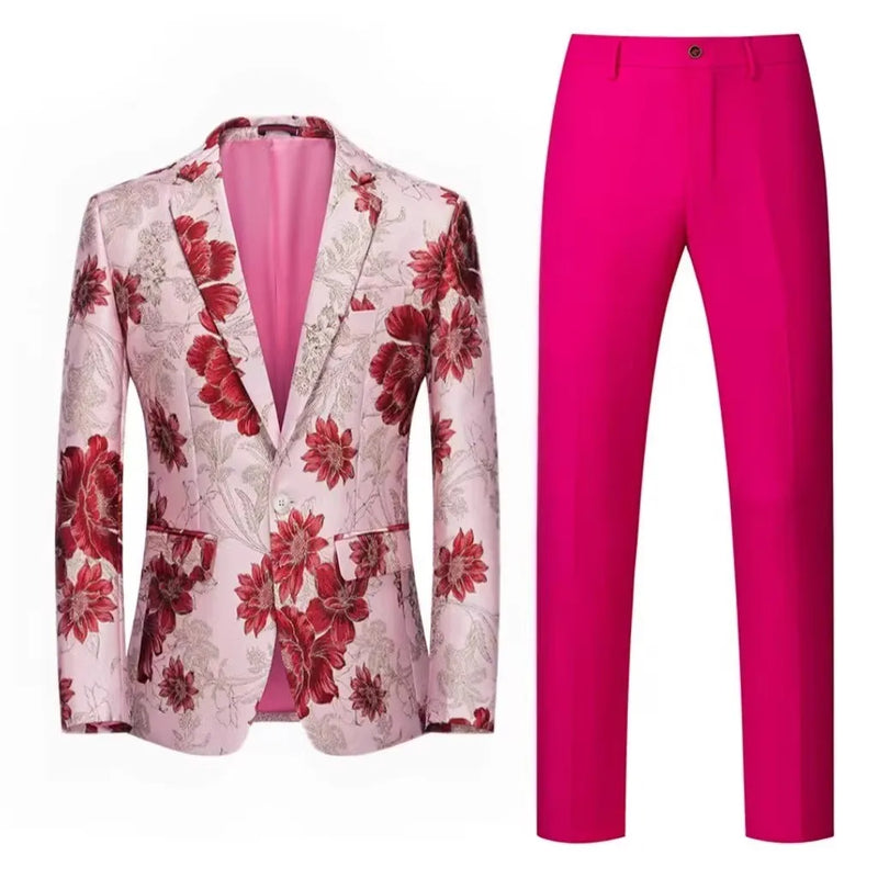 2026 Men's Blue Embroidered Two-Piece, Red Slim Fit Suit Jacket and Trousers Red Green Blazers Coat with Pants, Asian Size 6XL