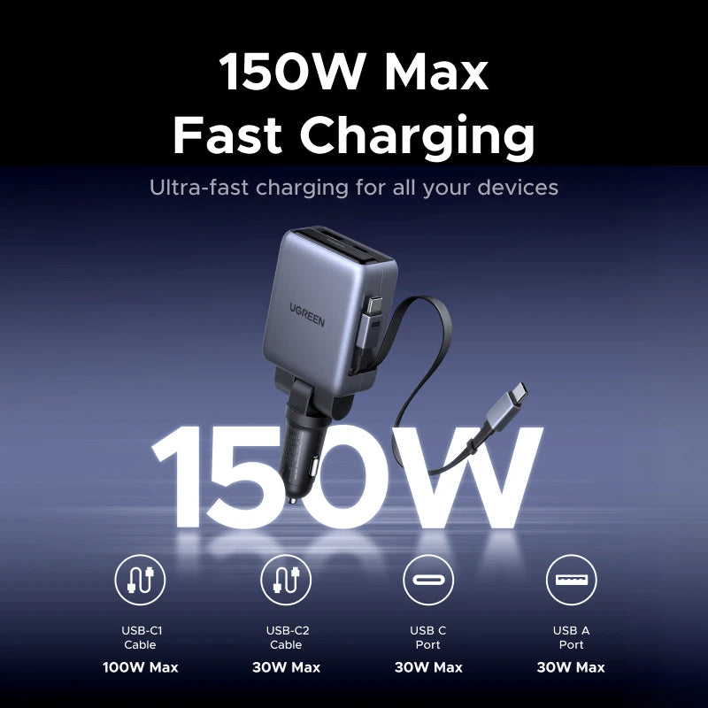 UGREEN 150W Car Charger Built in Dual Retractable Cable  4 Ports Fast Charging  for iPhone 18 17 Samsung Mobile Phone Charger