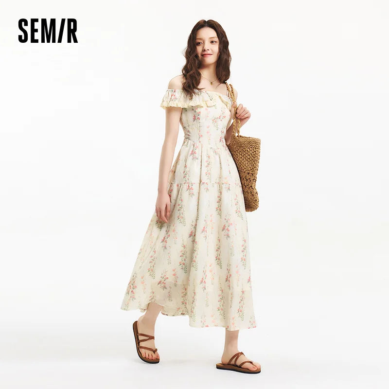 Semir Dress Women Floral Print Country Style Vacation 2025 New Summer Ruffled Waist-Cinching Strappy Dress Chic Looks