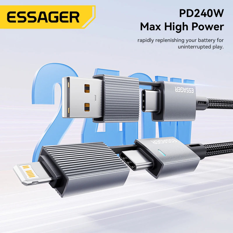 ខ្សែសាកលឿន Essager 240W 4-in-1 សម្រាប់ iPhone17 16 15 Pro Max Macbook iPad Xiaomi Samsung Macbook USB Type C ទៅ USB C