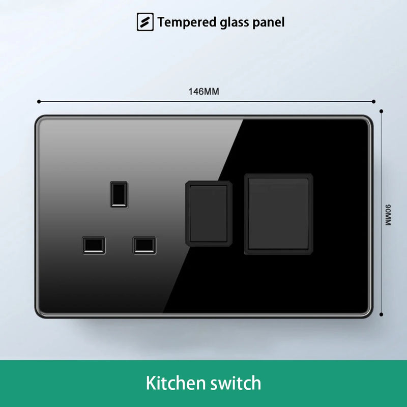 Luxury All Tempered Glass Wall Light Switch Button Black UK Plug 13A Universal Wall Socket with Usb ,220V1gang2way Speed Switch