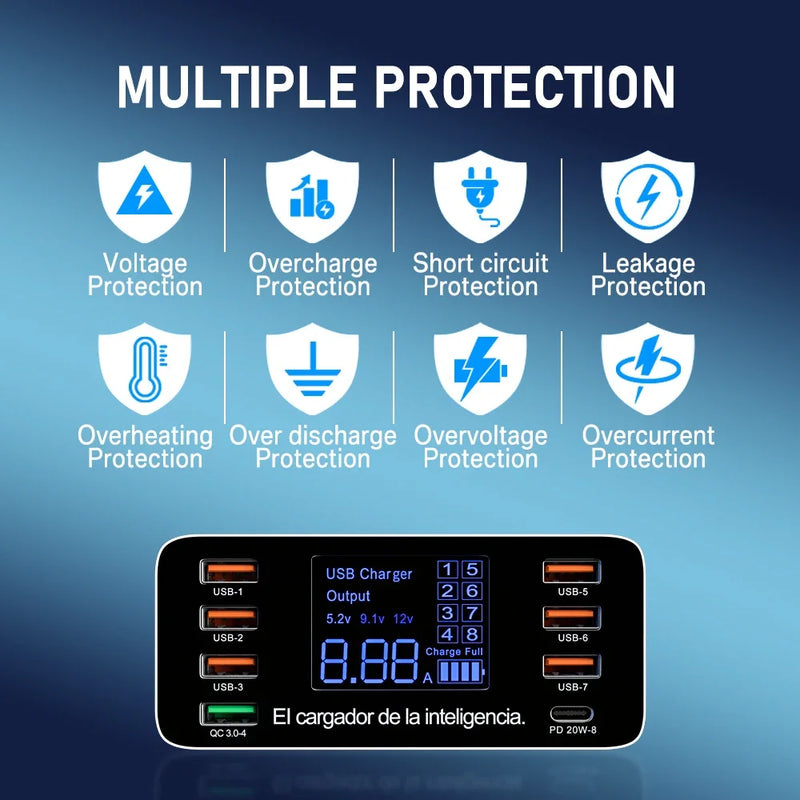 ឆ្នាំងសាក USB 8 រន្ធ QC3.0 សាកលឿន សាកថ្មទូរស័ព្ទ អាដាប់ទ័រប្រភេទ C 20W PD សាកលឿនសម្រាប់ iPhone 13 12 Samsung Xiaomi Huawei