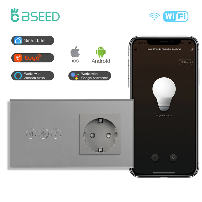 BSEED Wifi Dimmer Switch Smart Dimmable Touch Switch With EU Socket Glass Panel Support Tuya Smart Life Google Home Control