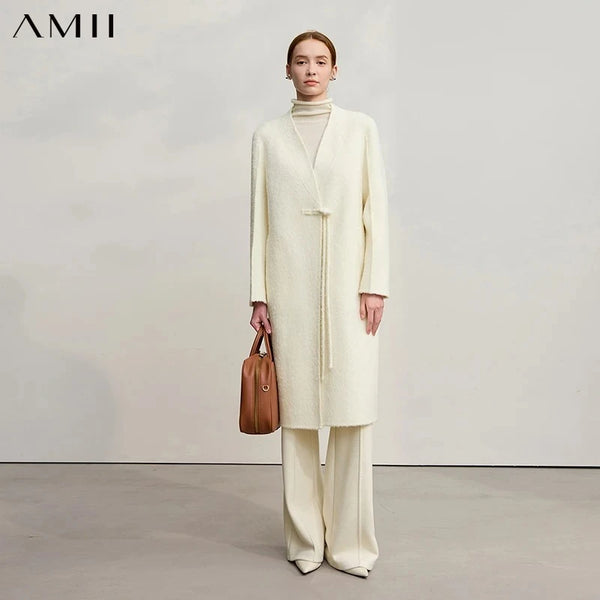 Amii Women's Coat 2026 Winter New Chinese Style V-neck Double-sided Outerwear Ladies Horn Button Woolen Jacket Woman 12554024