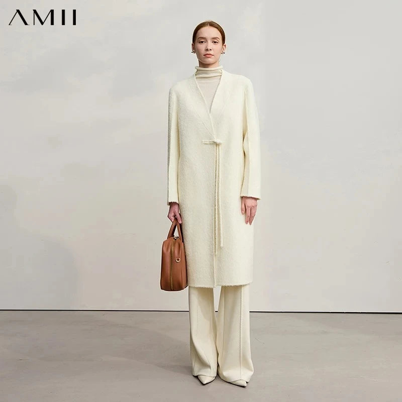 Amii Women's Coat 2026 Winter New Chinese Style V-neck Double-sided Outerwear Ladies Horn Button Woolen Jacket Woman 12554024