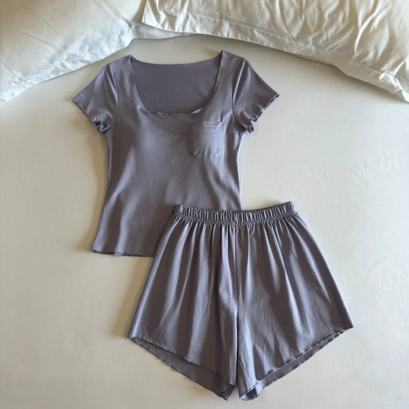 New Chest Pads Nightwear for Woman Pyjamas 2 Piece Set Night Wear for Ladies Thin Short-sleeve Home Sleepwear Suit Loungewear