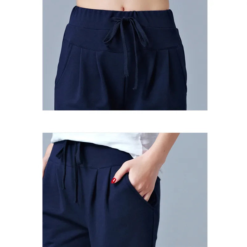 Women Blue High-waisted Stretch Cropped Pants, Summer Gray Lightweight Athletic Harem Pants, Black Drawstring Shorts, Asian Size