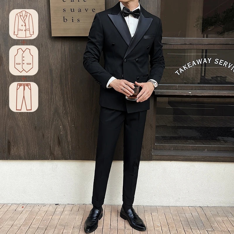 Man Elegant Black Double-Breasted Suit with Vest: Perfect for Formal Events and Sophisticated Occasions M-XL7
