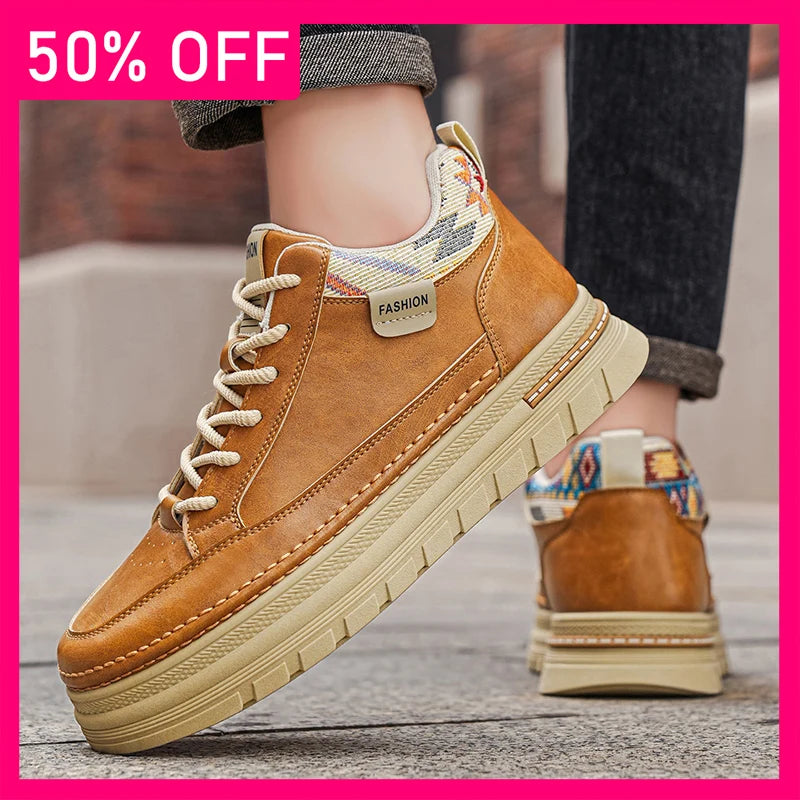 Men Sports Shoes Thick Soles Anti Slip Wear-resistant Retro Leather Breathable Fashionable Versatile Street Sports Walking Shoes