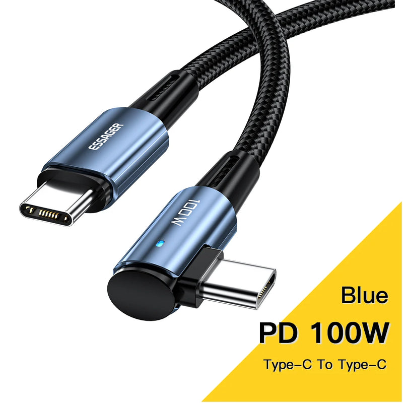 ខ្សែសាក Essager 100W USB Type C ទៅ USB C មុំ 90 ដឺក្រេ សម្រាប់ iPad MacBook Pro Xiaomi Samsung Huawei សាកលឿន Type-C ខ្សែកាលបរិច្ឆេទ