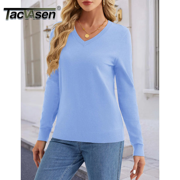 TACVASEN Womens Fashion V-Neck Casual Knitted Pullover Ladies Outdoor Sweatshirts Lightweight Long Sleeve Soft Streetwear Tops