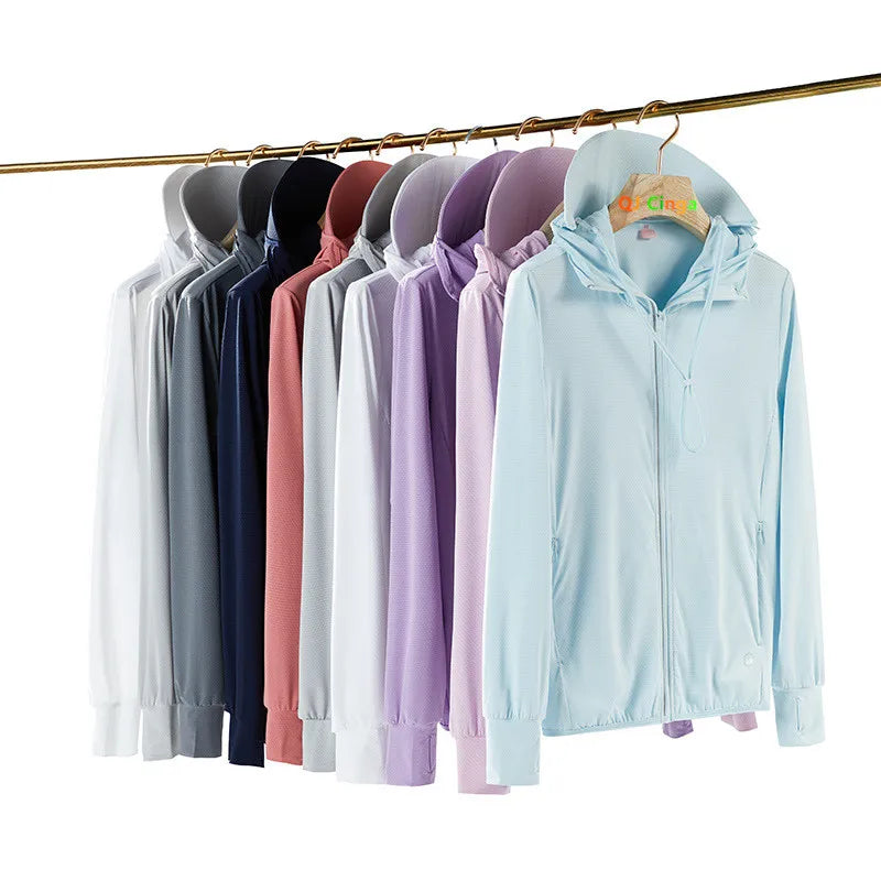 2026 New Women Long-sleeved Hooded Sunscreen, Summer Men Universal UV Light Breathable Jacket, Ice Silk Sports Coat