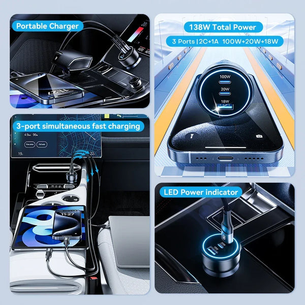 ឆ្នាំងសាករថយន្ត 138W USB Type C រន្ធពីរ USB ឆ្នាំងសាកទូរស័ព្ទលឿន PD សាកថ្មលឿនសម្រាប់ iPhone 14 Samsung Xiaomi iPad កុំព្យូទ័រយួរដៃ ថេប្លេត