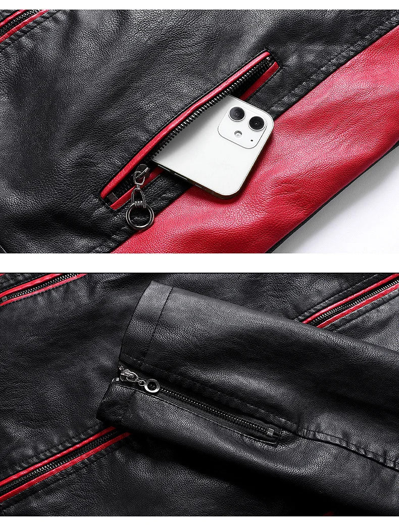 Autumn Men's Stand Collar Color-Block PU Jacket, Black Faux Leather Jackets, Spring Casual Coat. Asian Size Loose Fit Top.