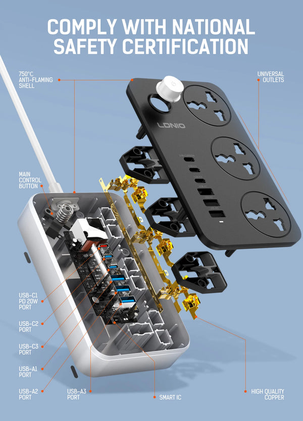 បន្ទះ ភ្លើង សកល LDNIO ប្រភេទ C 6 រន្ធ USB 3 ផ្លូវ រន្ធ ដោត AC រន្ធ ដោត ភ្លើង បន្ថែម 2 ម៉ែត្រ រន្ធ ដោត សាក ភ្លើង EU US UK