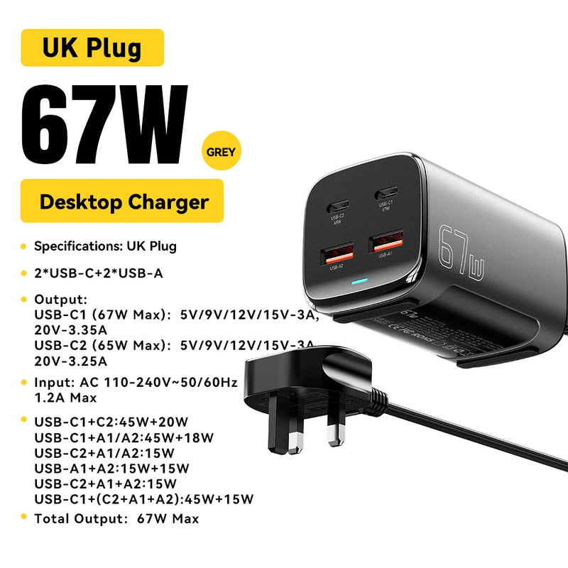 ឆ្នាំងសាក Essager 67W USB C GaN សម្រាប់កុំព្យូទ័រលើតុ Quick Charge3.0 PPS PD3.1 សាកថ្មលឿនសម្រាប់ MacBook Samsung iPhone 17 16 15 14 iPad Laptop