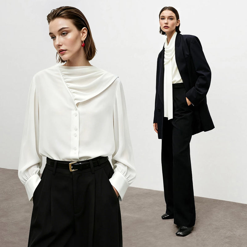 Amii Women's Blouse 2026 Autumn New V-Neck Elegant Long Sleeve Chiffon Top With Tie Neck Loose Flowy Shirt For Women 12653004