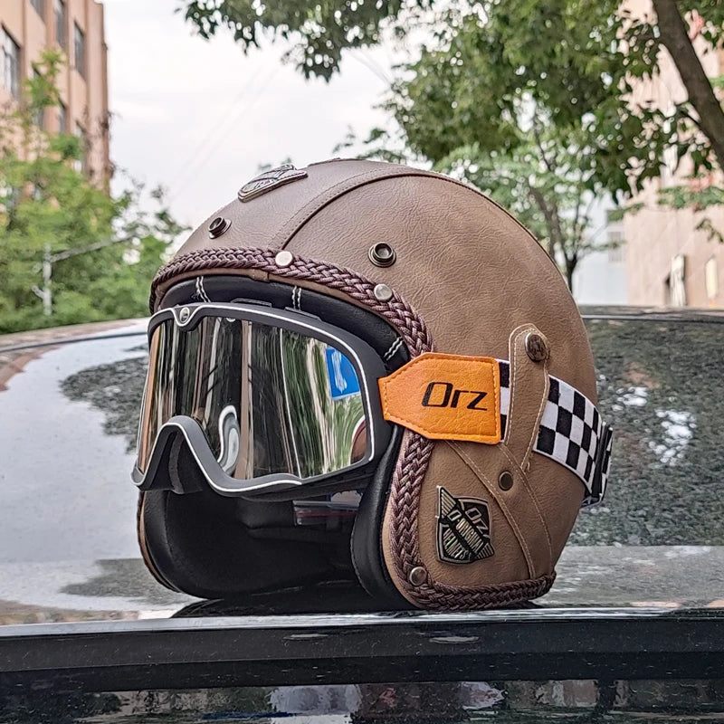 High quality PU leather retro 3/4 motorcycle helmet, suitable for scooters, cruising motorcycles, and half helmets