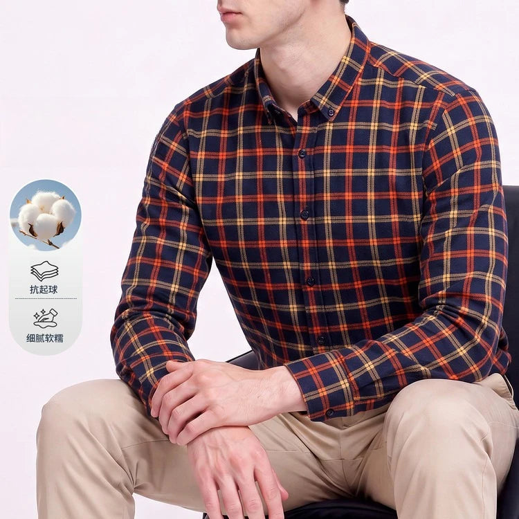 Men's 100% Cotton Brushed Plaid Long Sleeve Shirt – Soft Flannel Casual Button-Down for Outdoor & Daily Wear