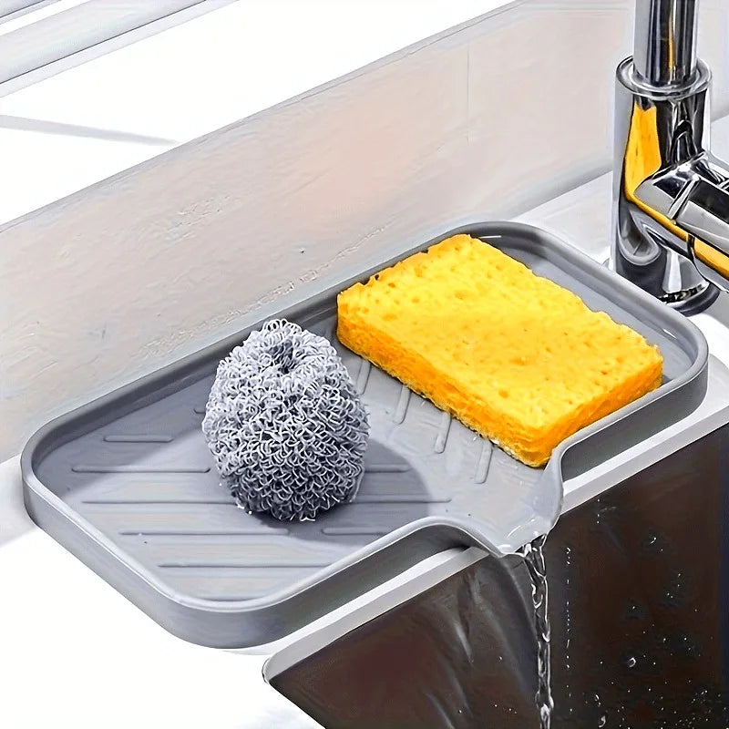 1pc Silicone Kitchen Sink Organizer Tray, Soap Dish Holder With Drain Tip,Water-Resistant Countertop Storage Accessory.