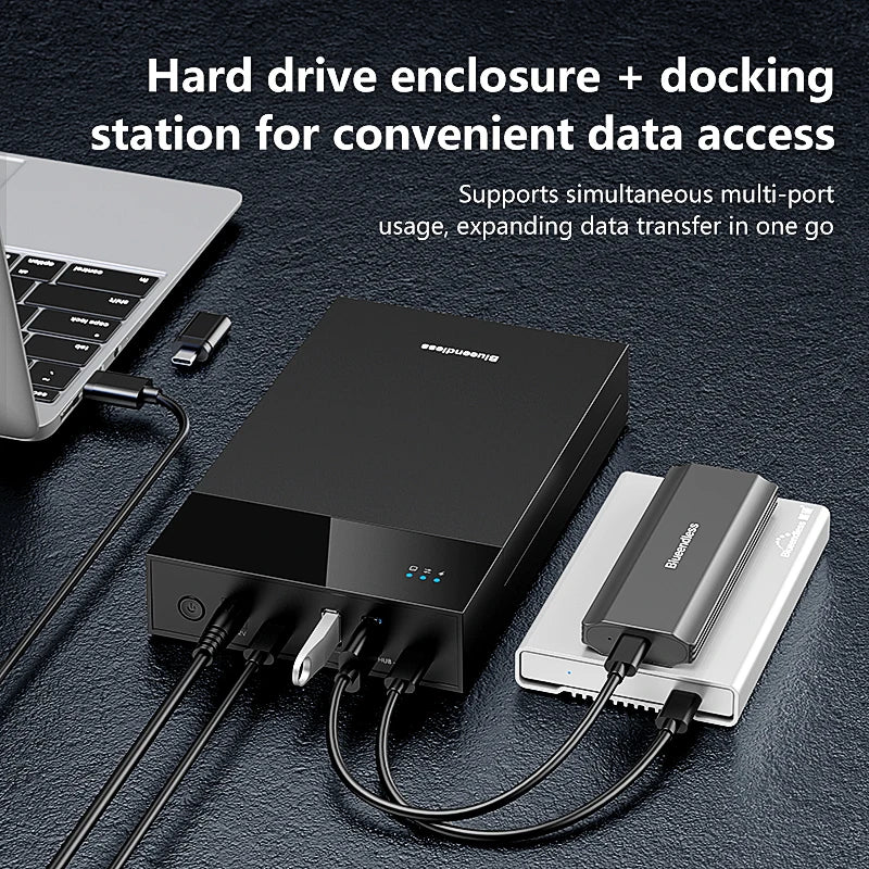 ប្រអប់ Blueendless 2.5/3.5 HDD/SSD ជាមួយ USB3.0 HUB គាំទ្រអាដាប់ទ័រ 18TB ប្រភេទ C ទៅ SATA ប្រអប់ HDD ឥតគិតថ្លៃជាមួយអាដាប់ទ័រថាមពល 12V