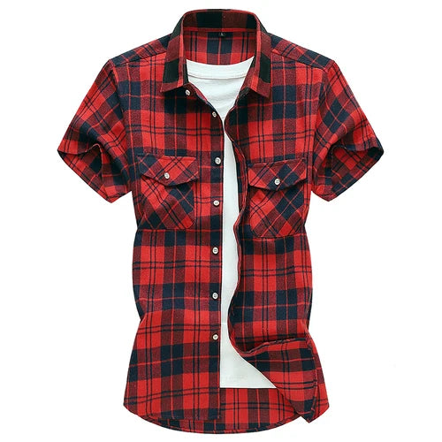 Men Red Striped Plaid Short-sleeved Shirt, Single-breasted Square Collar Cotton Shirts Summer Fashion Casual Camisa Men Chemise