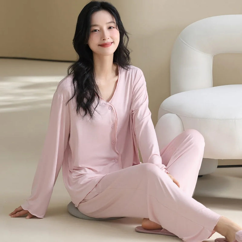 Women's Sleepwear 2 Piece Pyjamas Set Soft Long Sleeve Loungewear New Spring Autumn Home Suit Pajamas for Lady Homewear Set