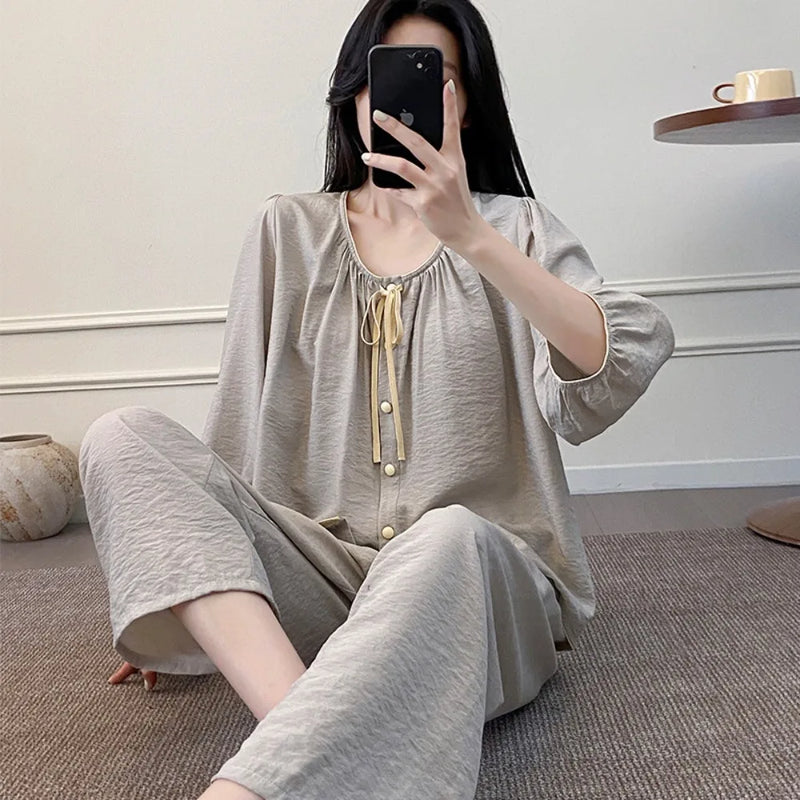 New Chest Pad Pajama Women 2 Piece Pijama Homewear Spring Summer Round Neck Top Sleepwear Suit Pyjamas Loungewear Home Clothes