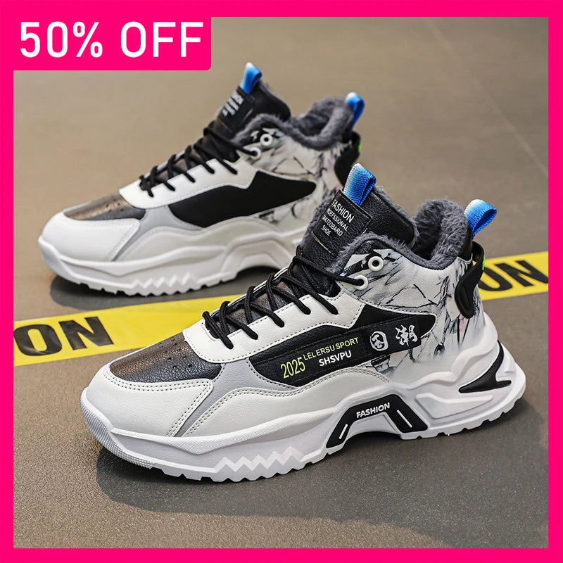 Men Sports Shoes Plush Comfortable Leather Winter Outdoor Walking Anti Slip Flat Bottom Fashion Commuting Versatile Sports Shoes