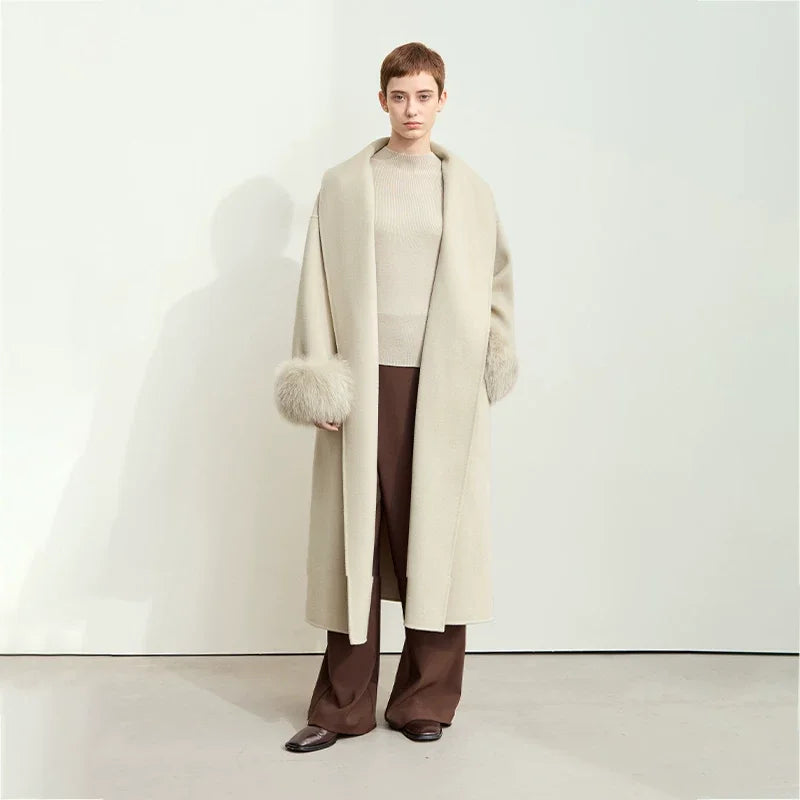 Amii Winter Clothes Women 2026 Long Coat Women's Wool 100% Removable Fox Fur Cuffs Loose Soild Office Lady Jacket 12424015