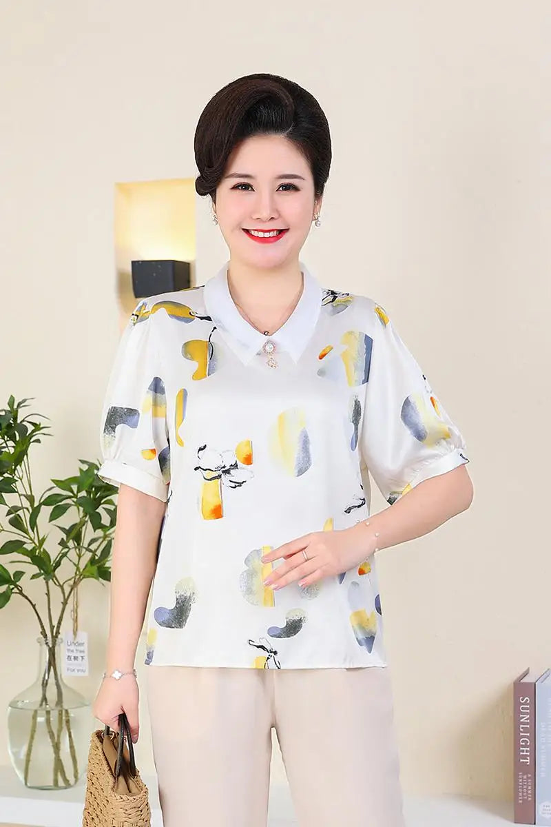 អាវ យឺត ដៃខ្លី បែប កូរ៉េ សម្រាប់ នារី បោះពុម្ព បូ អង្កាំ ឆើតឆាយ ធម្មតា រលុង អាវ Blusa Mujer រដូវក្ដៅ
