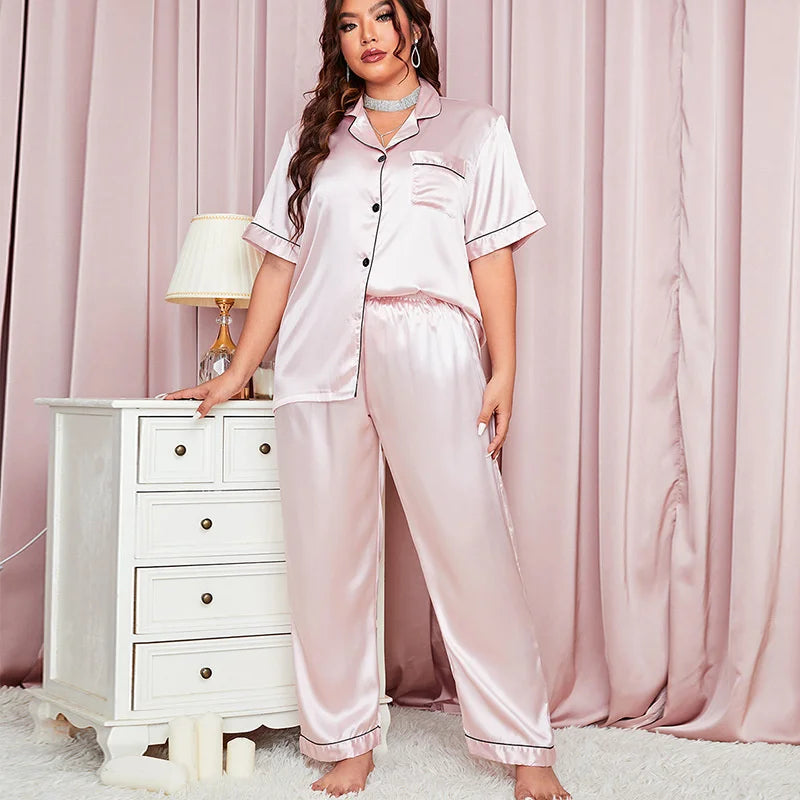 Summer Fashionable Women Silk Sleepwear Set Personalized Satin Casual Thin Loose Tops Long Pants Home Wear Pajamas For Women