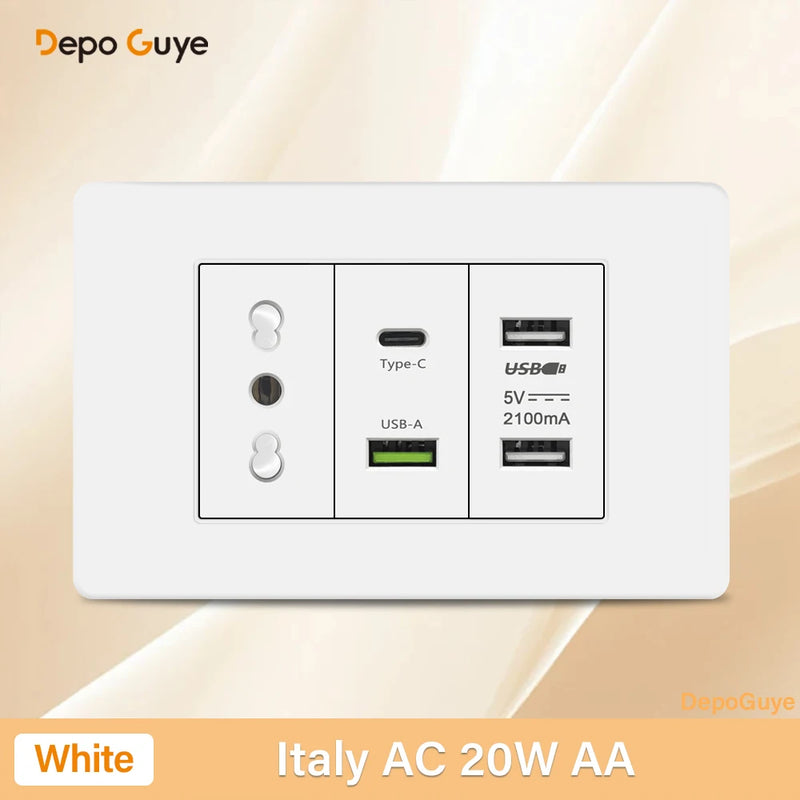 Italy Chile Mexico USB Smart Type-c 20W Fast Charging Wall Outlet plug,Brazil Electric Light Switch Panel Universal usb c Socket