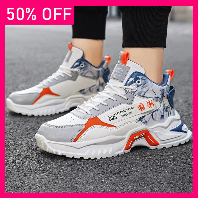 Men Sneakers Fashion Leather Breathable Wear-resistant Outdoor Fitness Shoes Thick Soled Non Slip Comfort Casual Running Shoes