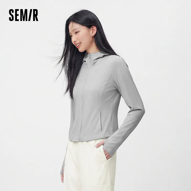 Semir Women UV Protection Jacket Short Cool Feeling Mesh Spliced Hooded Regular Shoulder Slim 2026 Outdoor Daily Fashion Wear