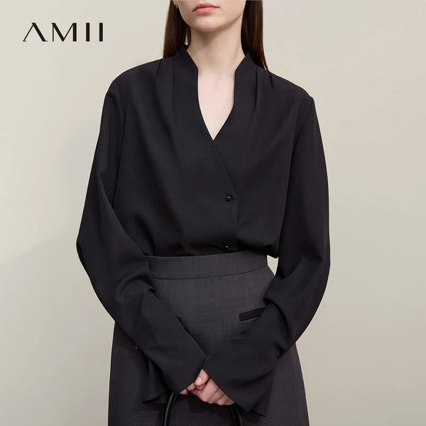 អាវស្រី Amii ឆើតឆាយសម្រាប់រដូវស្លឹកឈើជ្រុះឆ្នាំ ២០២៦ អាវក V ថ្មី ដៃអាវប៉ោង អាវក្រណាត់ chiffon ដៃវែងរលុងសម្រាប់ស្ត្រី 12641070