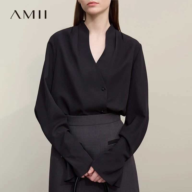 អាវស្រី Amii ឆើតឆាយសម្រាប់រដូវស្លឹកឈើជ្រុះឆ្នាំ ២០២៦ អាវក V ថ្មី ដៃអាវប៉ោង អាវក្រណាត់ chiffon ដៃវែងរលុងសម្រាប់ស្ត្រី 12641070