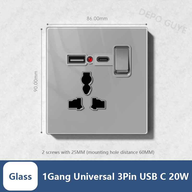 Universal 20W Type-C Wall Quick charge Socket,Dual Switch control Universal Power outlet,White UK Standard USB Interface Socket