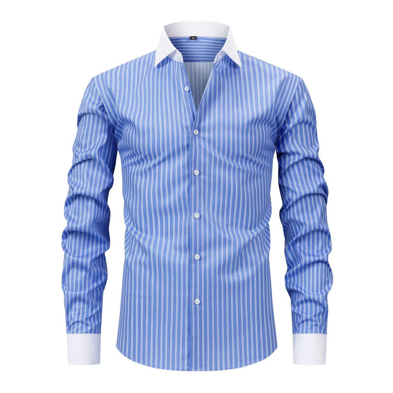Men's Long-sleeve Stretch Shirt with Black-White Stripes; Suitable for Weddings/Parties/Business/Casual Wear; Red, Blue, Yellow.