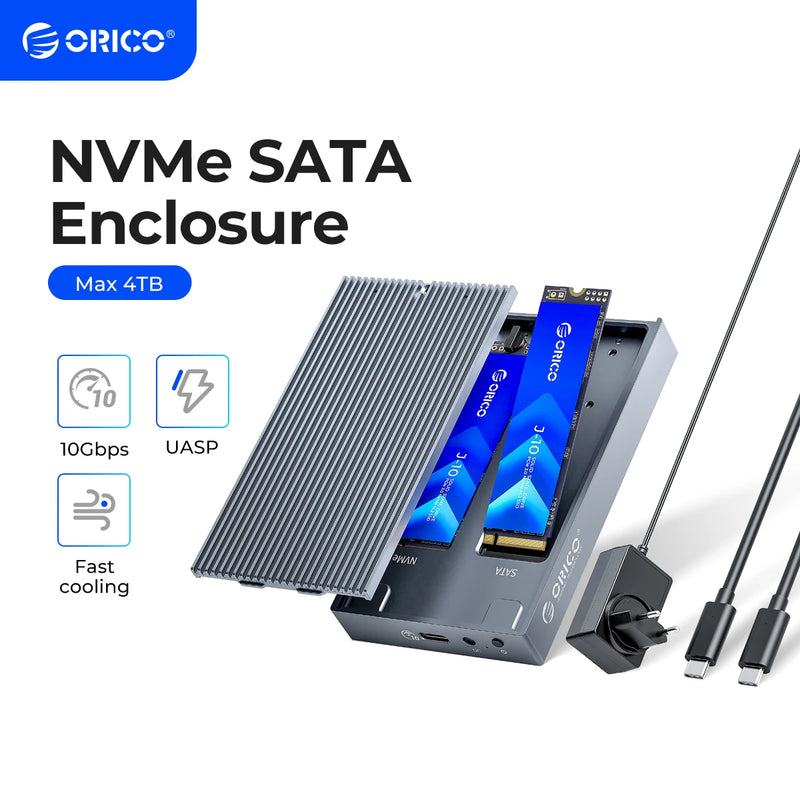 ORICO Dual Bay Dual Protocol M2 SSD Case Support M.2 NVME NGFF SATA SSD Disk For M Key & B+M Key SSD W/ 5V4A Power Adapter