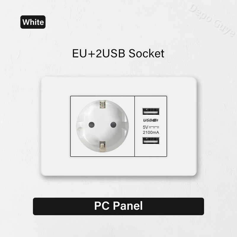 EU Korea Standard 4*2 Wall Light Switch Socket,USB Type-c 20W Fast Charger plug,1/2/3/4/Gang 2 Way Switch PC Panel Power ON OFF