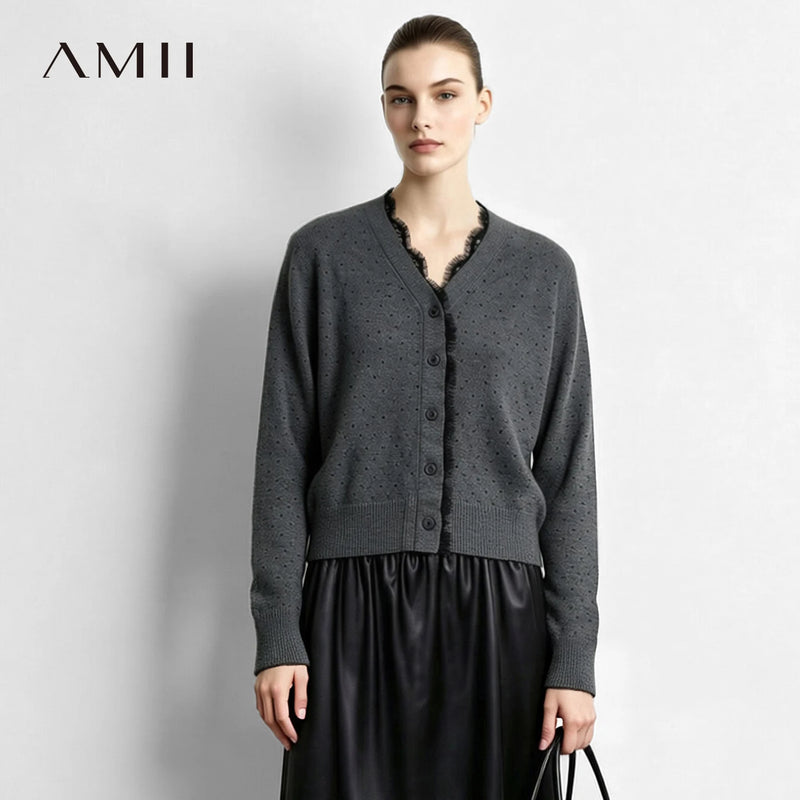Amii Women's V-Neck Rhinestone Knit Cardigan Short Length Oversized Long Sleeve Business Casual  Autumn Top for Women 12643082