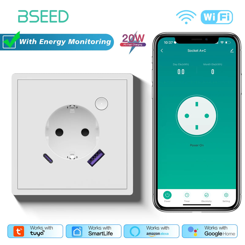 BSEED WIFI Button Switch 1/2/3/4Gang 2Way Smart Click Switch Smart EU Socket Plastic Frame Tuya Smart Life Alexa Voice Control